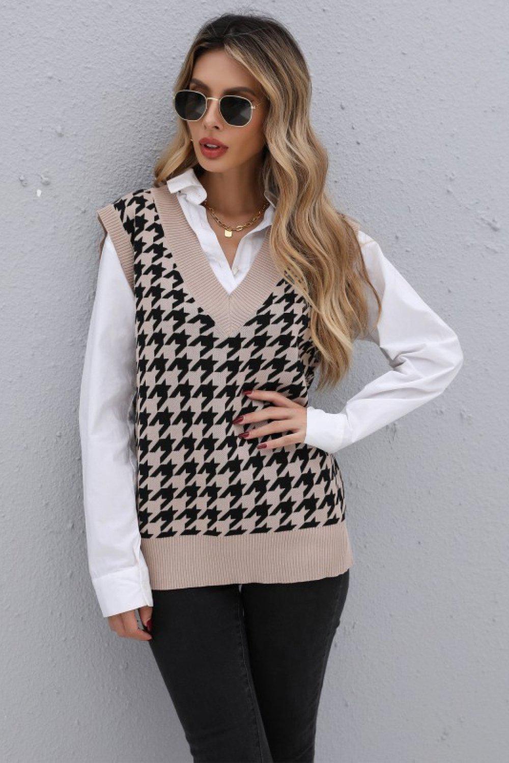 Houndstooth V-Neck Knit Vest BLUE ZONE PLANET