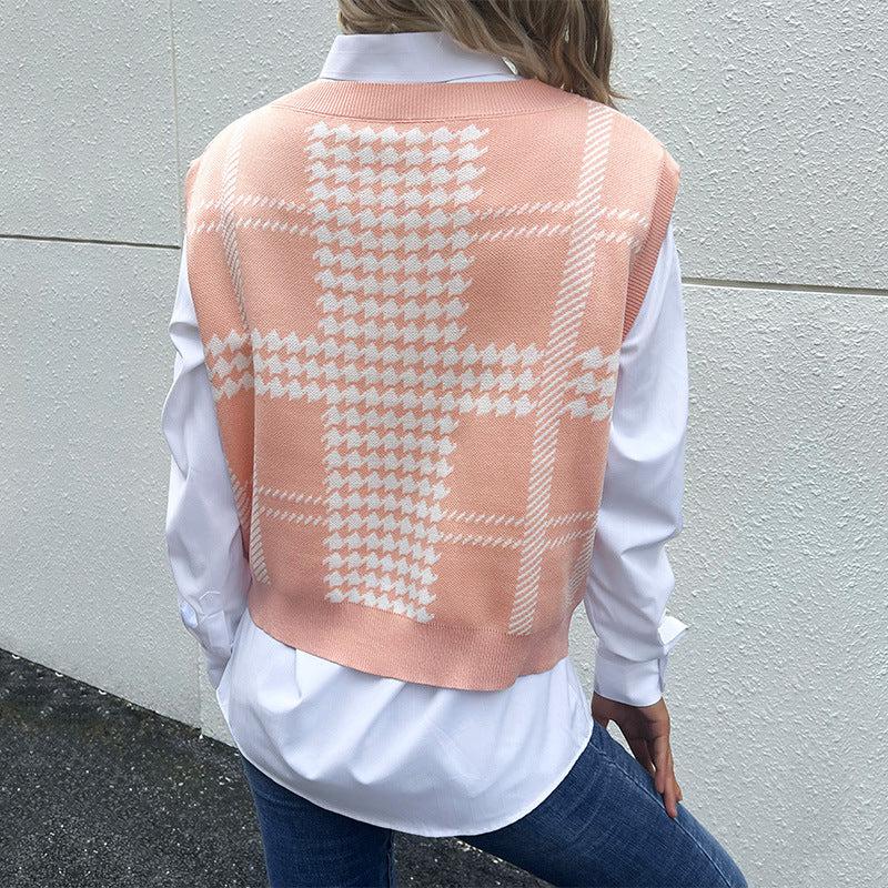 Houndstooth V-Neck Sweater Vest BLUE ZONE PLANET