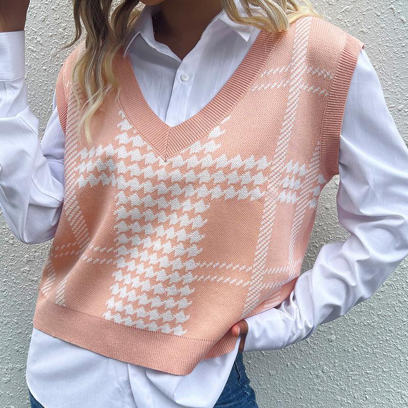 Houndstooth V-Neck Sweater Vest BLUE ZONE PLANET