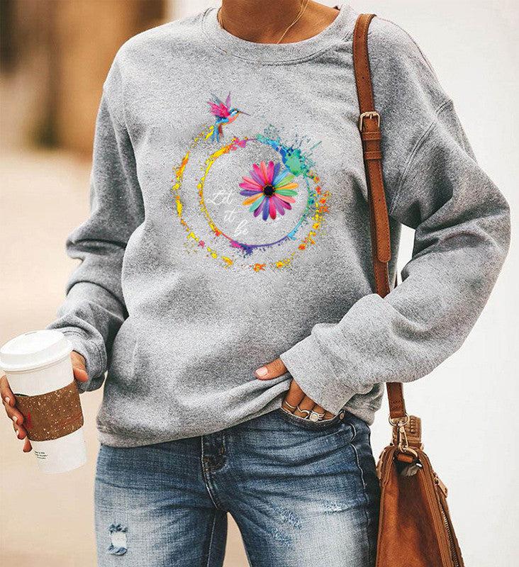 Hummingbird Printed Long-Sleeved Round Neck Sweater Women BLUE ZONE PLANET