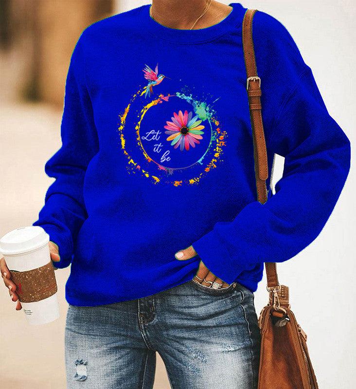 Hummingbird Printed Long-Sleeved Round Neck Sweater Women BLUE ZONE PLANET