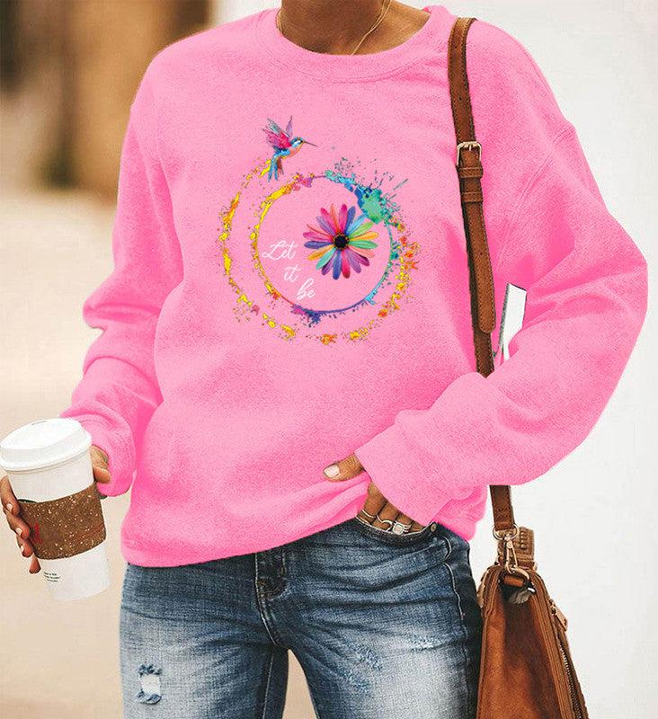 Hummingbird Printed Long-Sleeved Round Neck Sweater Women BLUE ZONE PLANET