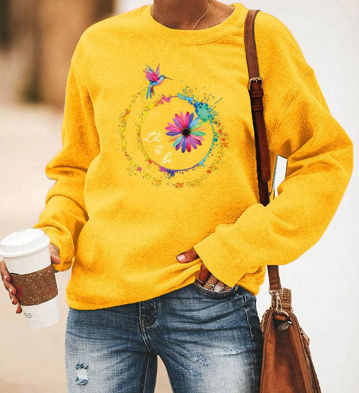 Hummingbird Printed Long-Sleeved Round Neck Sweater Women BLUE ZONE PLANET