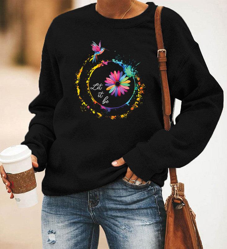Hummingbird Printed Long-Sleeved Round Neck Sweater Women BLUE ZONE PLANET