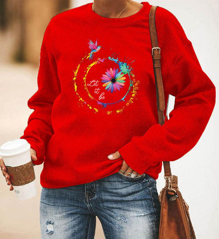 Hummingbird Printed Long-Sleeved Round Neck Sweater Women BLUE ZONE PLANET