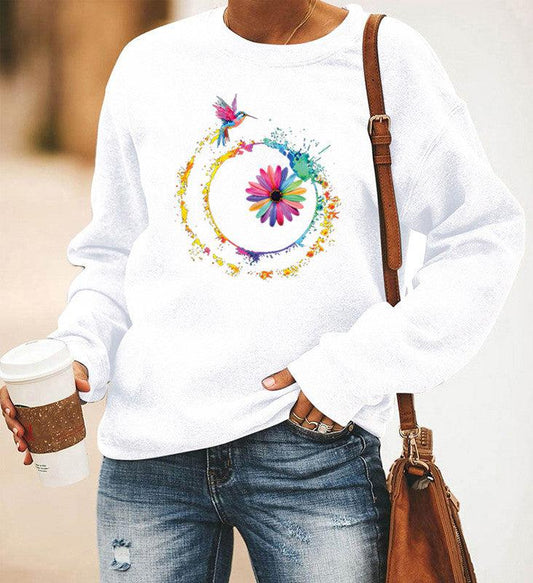 Hummingbird Printed Long-Sleeved Round Neck Sweater Women BLUE ZONE PLANET