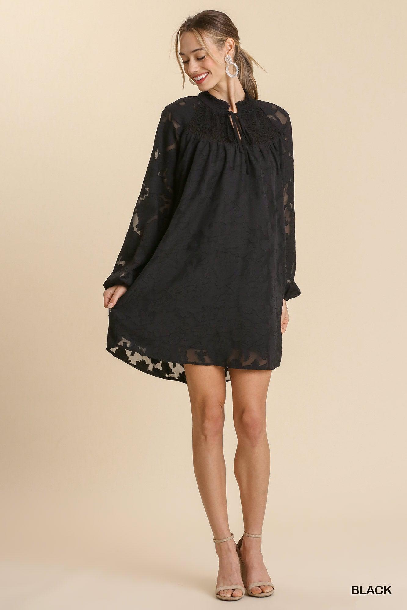Jacquard Raglan Smocked Tie Neck Yoke Dress Blue Zone Planet