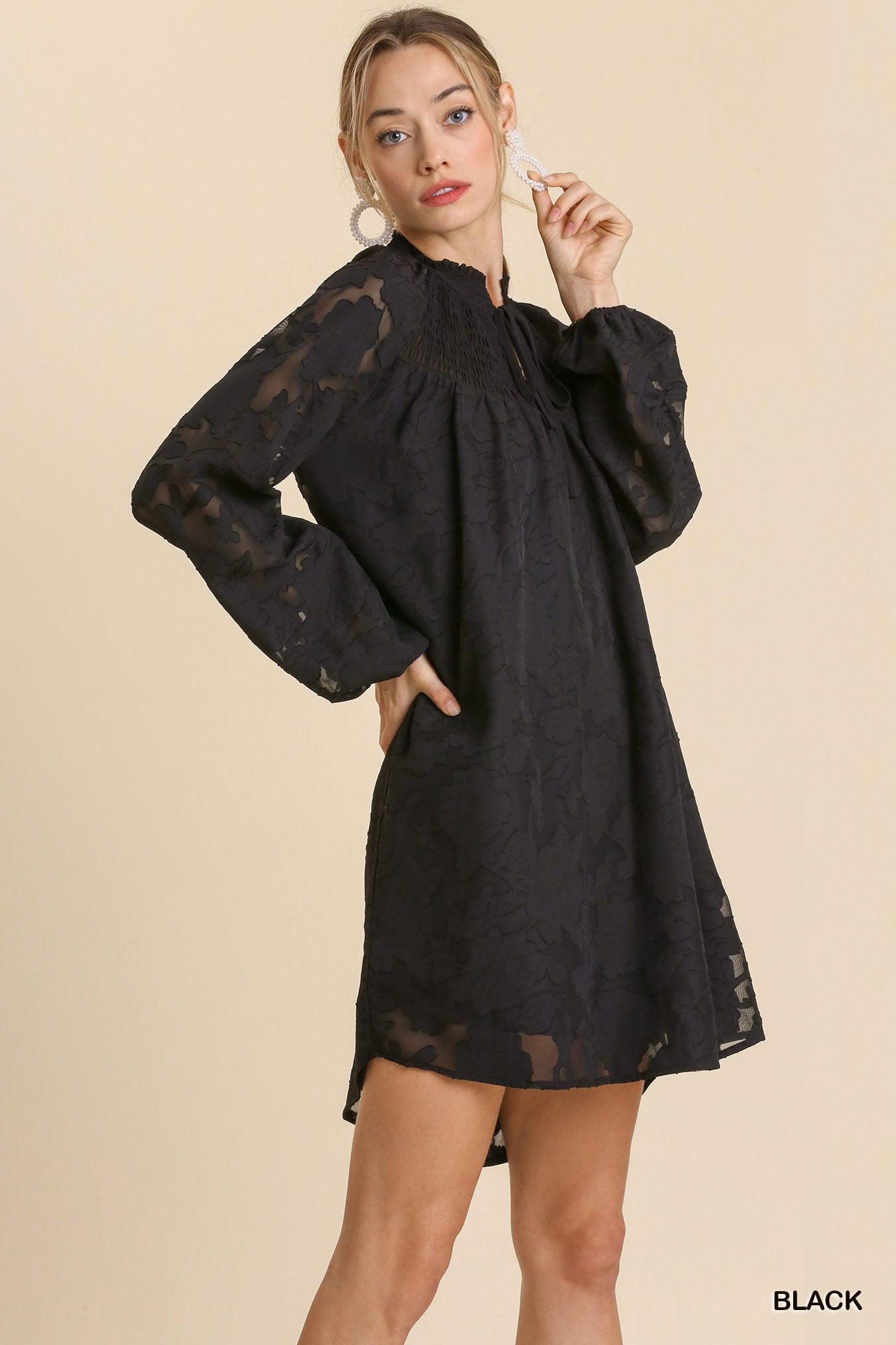 Jacquard Raglan Smocked Tie Neck Yoke Dress Blue Zone Planet