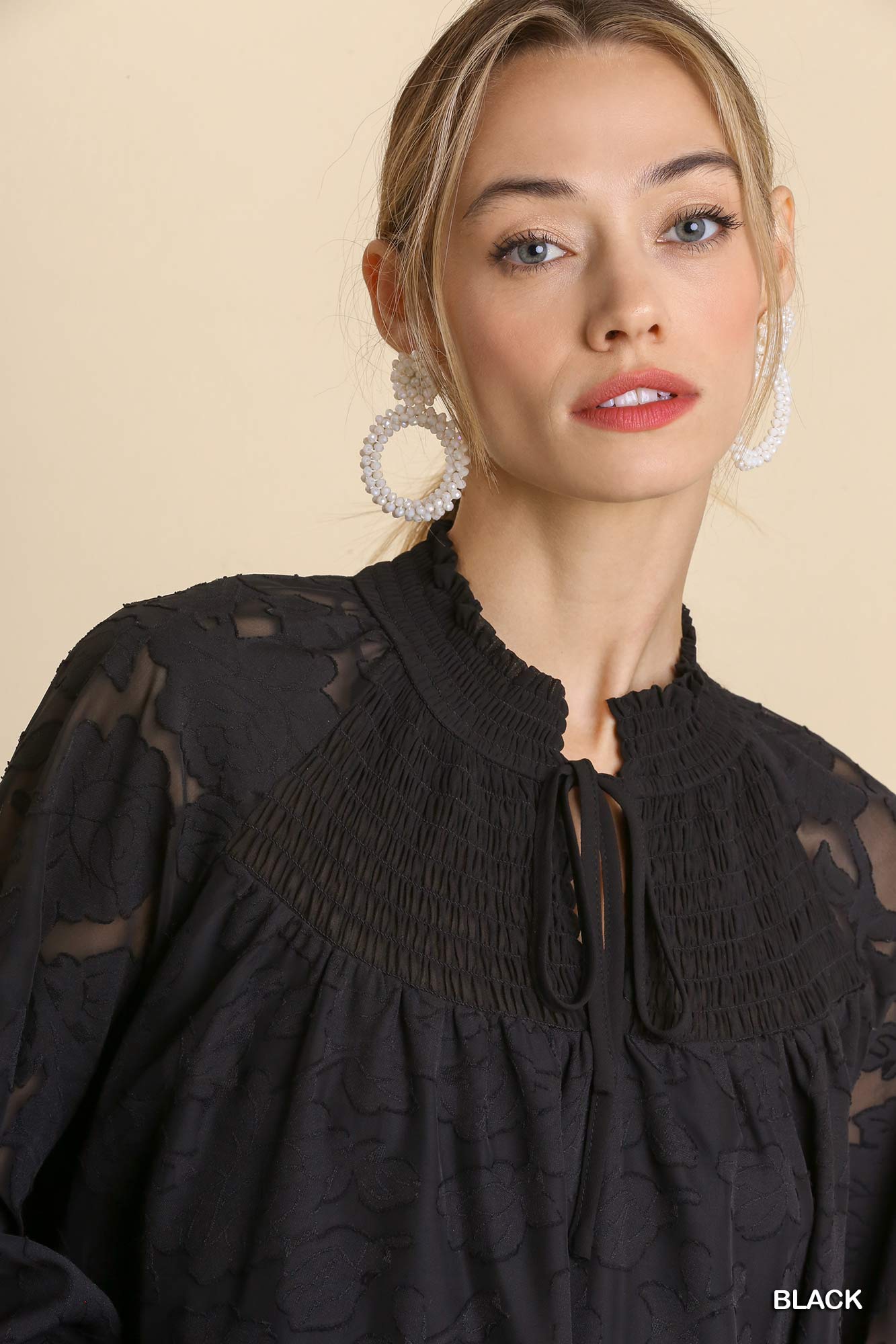 Jacquard Raglan Smocked Tie Neck Yoke Dress Blue Zone Planet