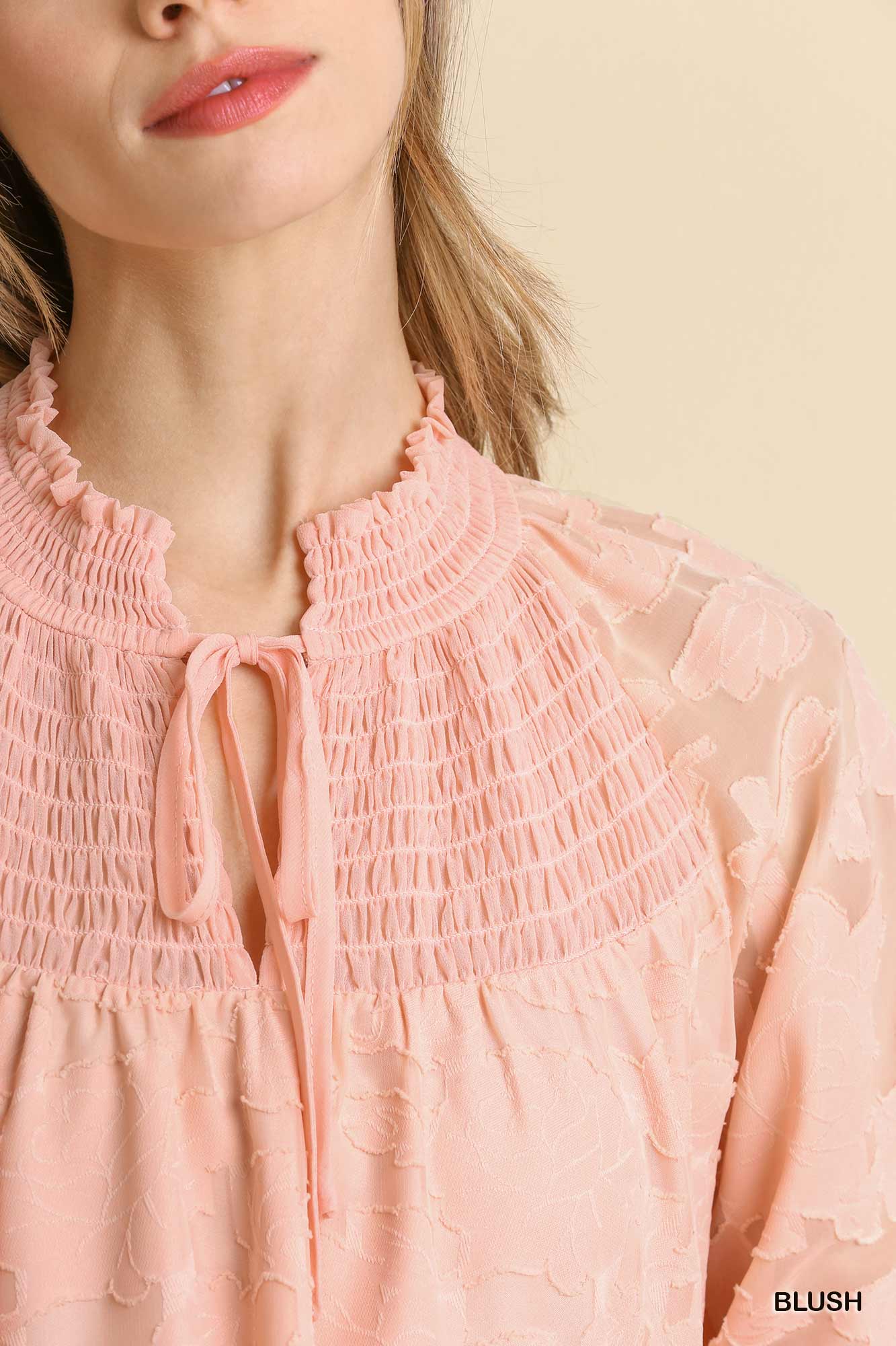 Jacquard Raglan Smocked Tie Neck Yoke Dress Blue Zone Planet