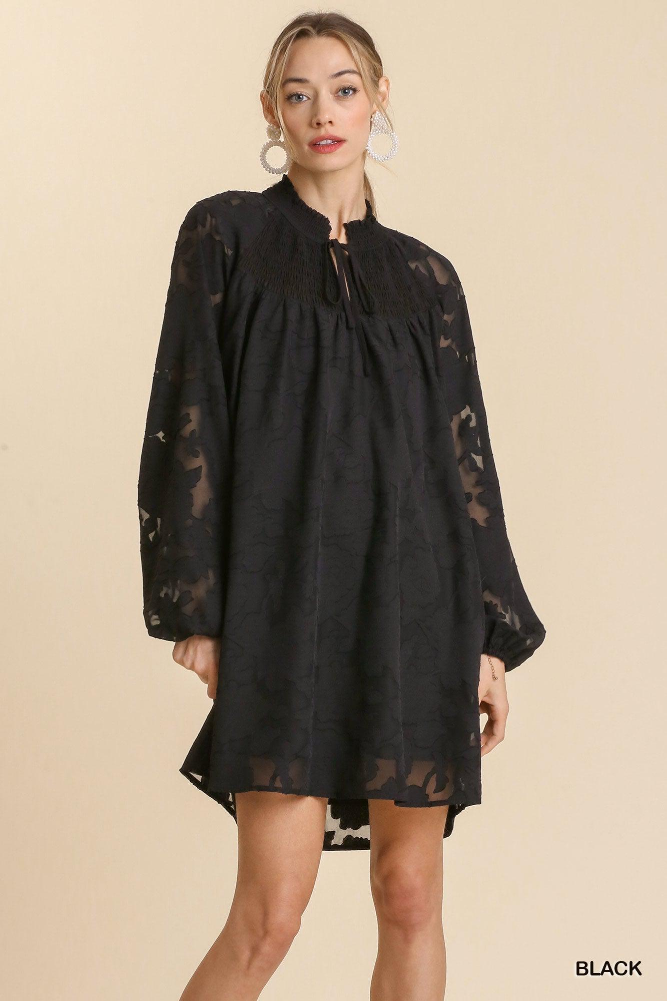 Jacquard Raglan Smocked Tie Neck Yoke Dress Blue Zone Planet