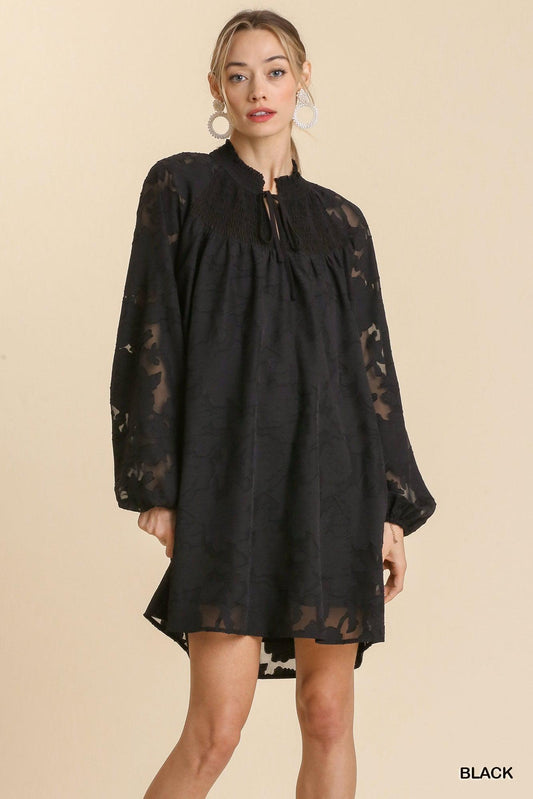 Jacquard Raglan Smocked Tie Neck Yoke Dress Blue Zone Planet