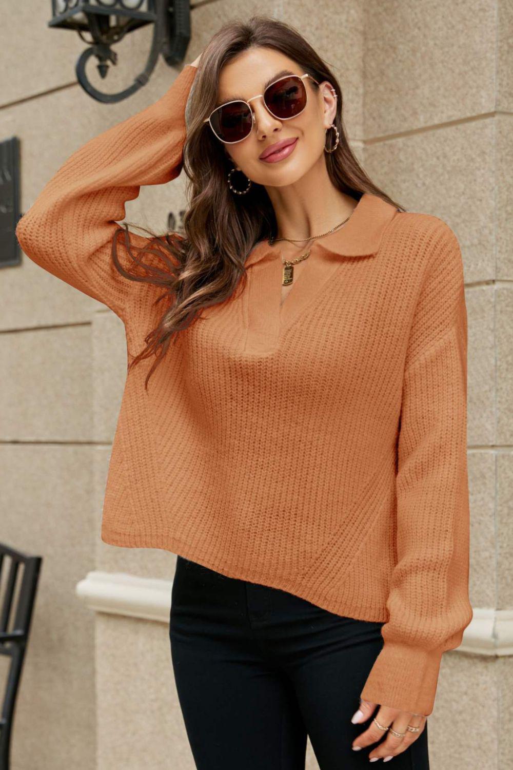 Johnny Collar Lantern Sleeve Sweater BLUE ZONE PLANET