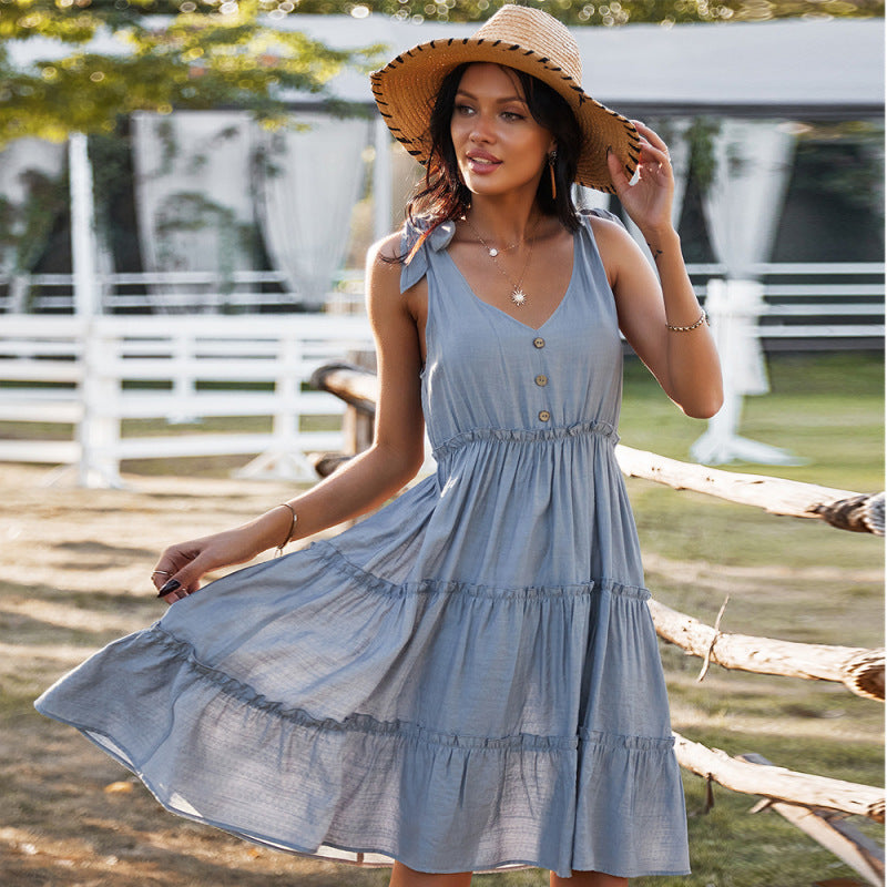 V-neck solid color A-line skirt vacation dress kakaclo