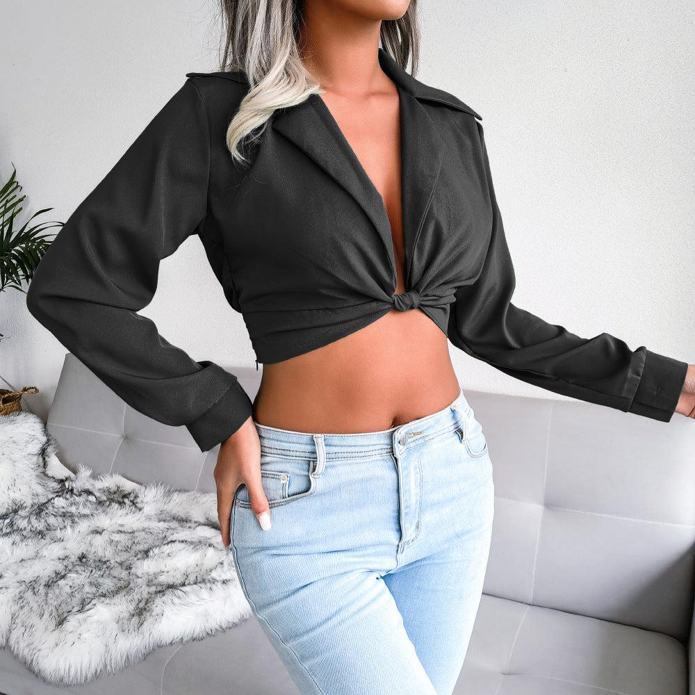 Knot Detail Collared Cropped Top BLUE ZONE PLANET