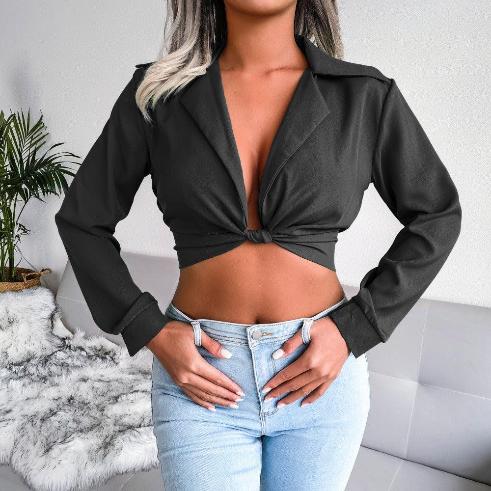 Knot Detail Collared Cropped Top BLUE ZONE PLANET