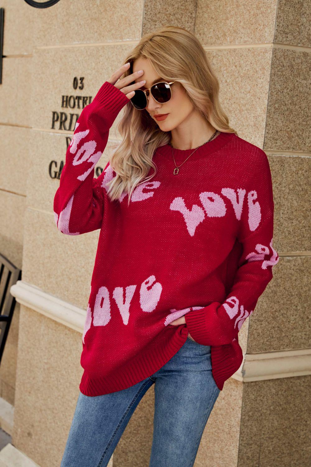 LOVE Ribbed Trim Round Neck Sweater BLUE ZONE PLANET