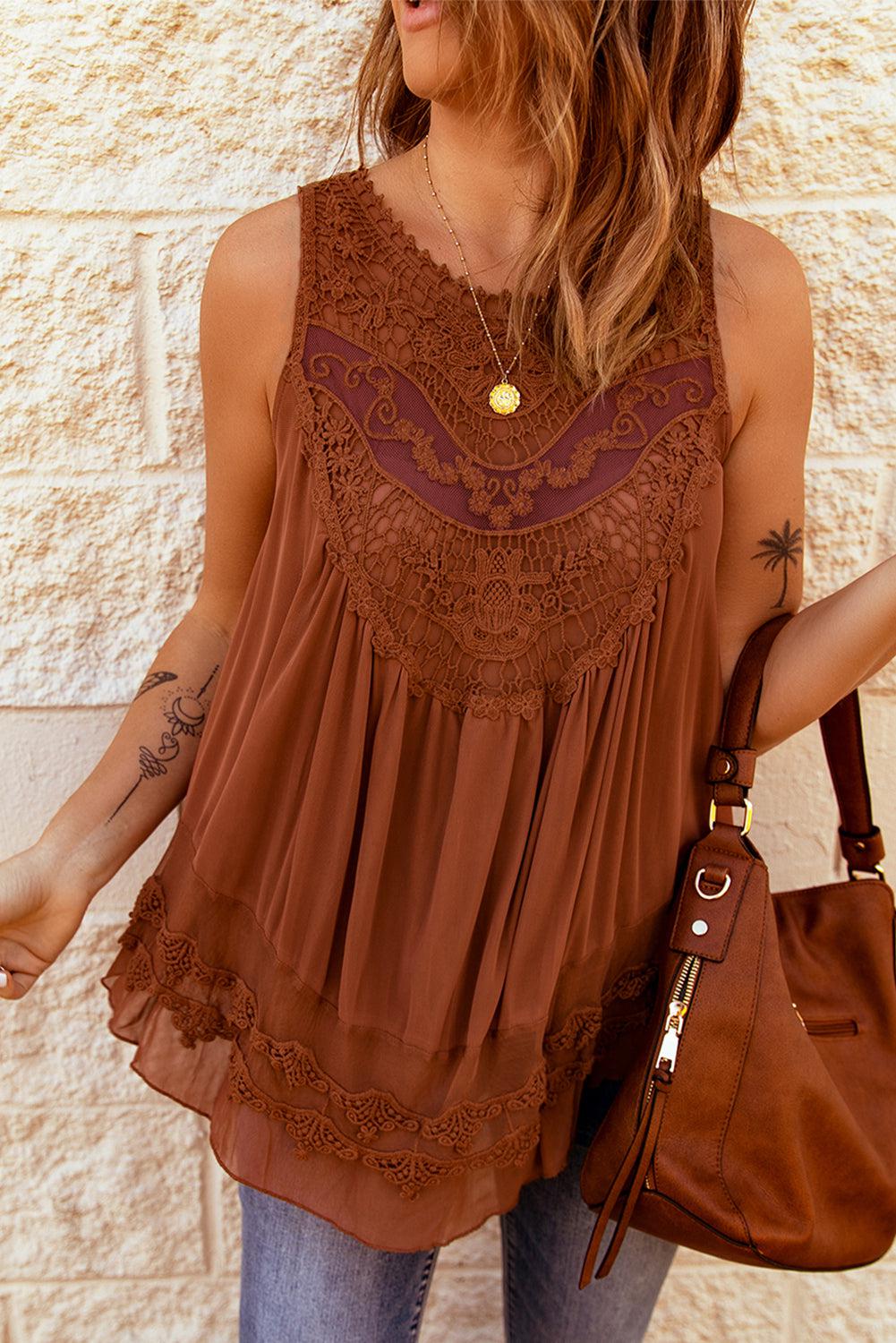 Lace Detail Button Back Sleeveless Top BLUE ZONE PLANET