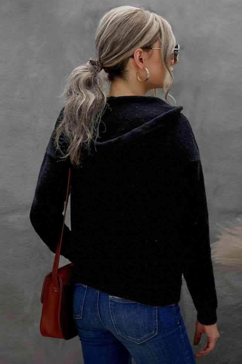 Lace Drawstrings Button-down Knitted Hoodie BLUE ZONE PLANET