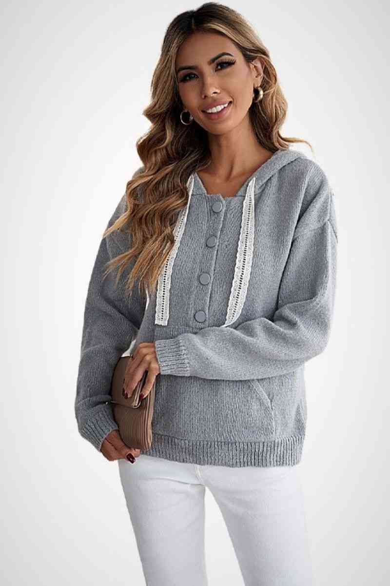 Lace Drawstrings Button-down Knitted Hoodie BLUE ZONE PLANET