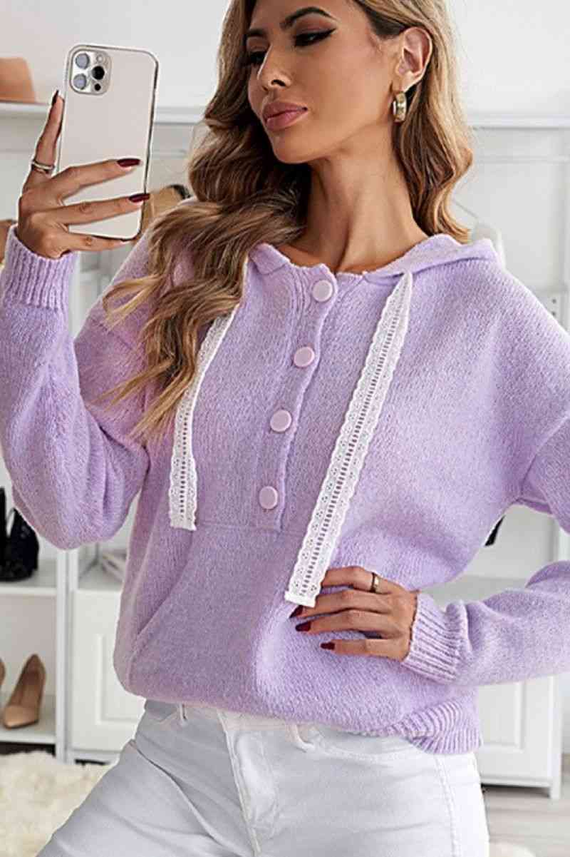 Lace Drawstrings Button-down Knitted Hoodie BLUE ZONE PLANET