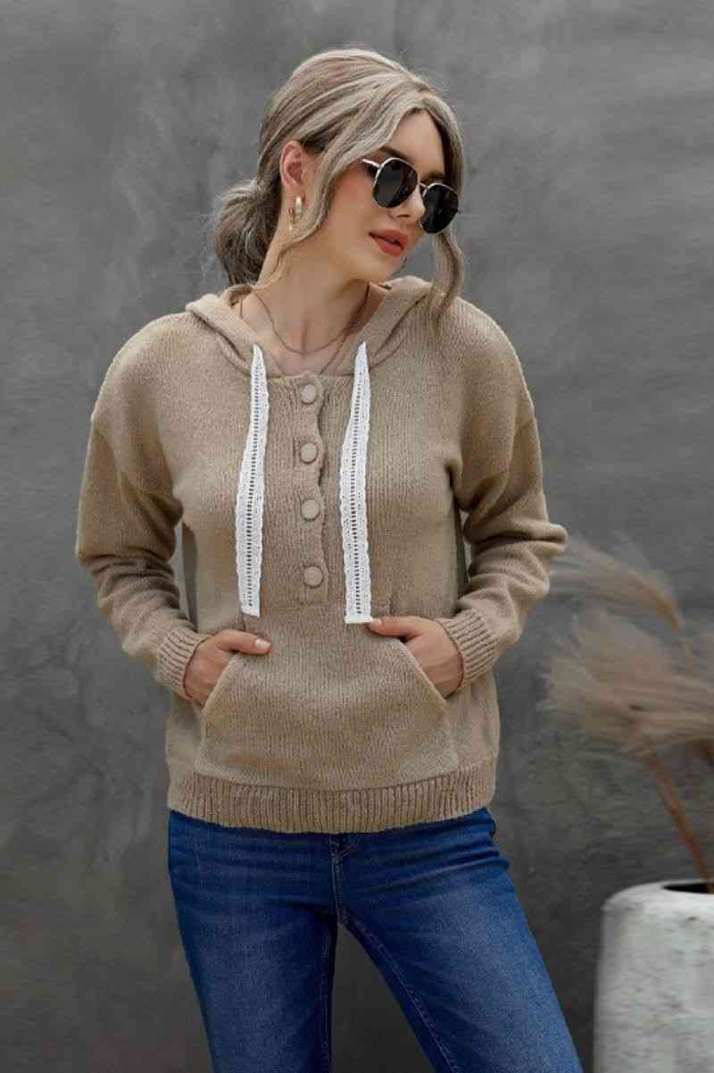 Lace Drawstrings Button-down Knitted Hoodie BLUE ZONE PLANET