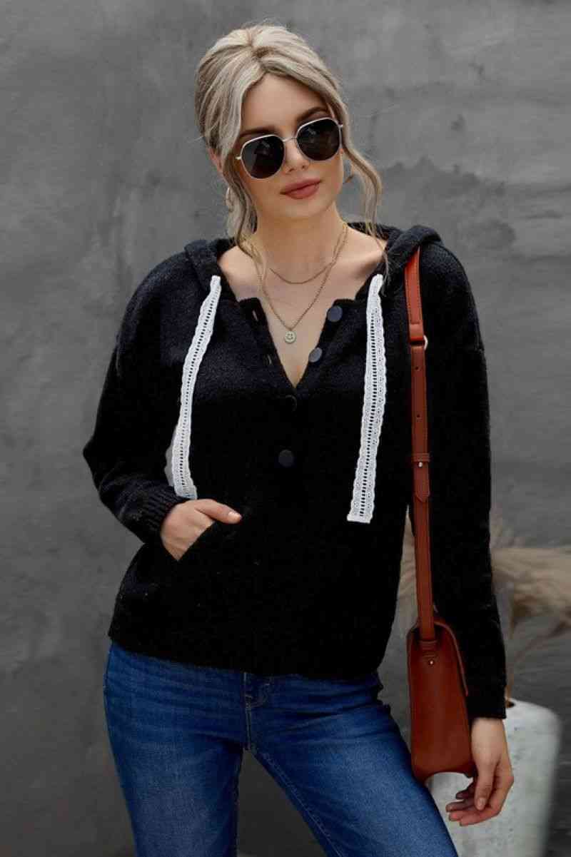 Lace Drawstrings Button-down Knitted Hoodie BLUE ZONE PLANET