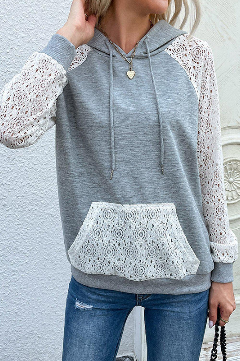 Lace Raglan Sleeve Drawstring Hoodie BLUE ZONE PLANET