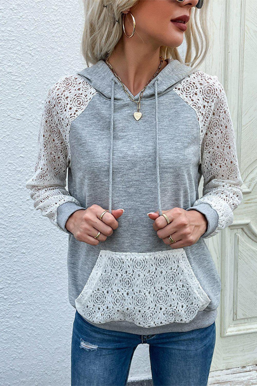 Lace Raglan Sleeve Drawstring Hoodie BLUE ZONE PLANET