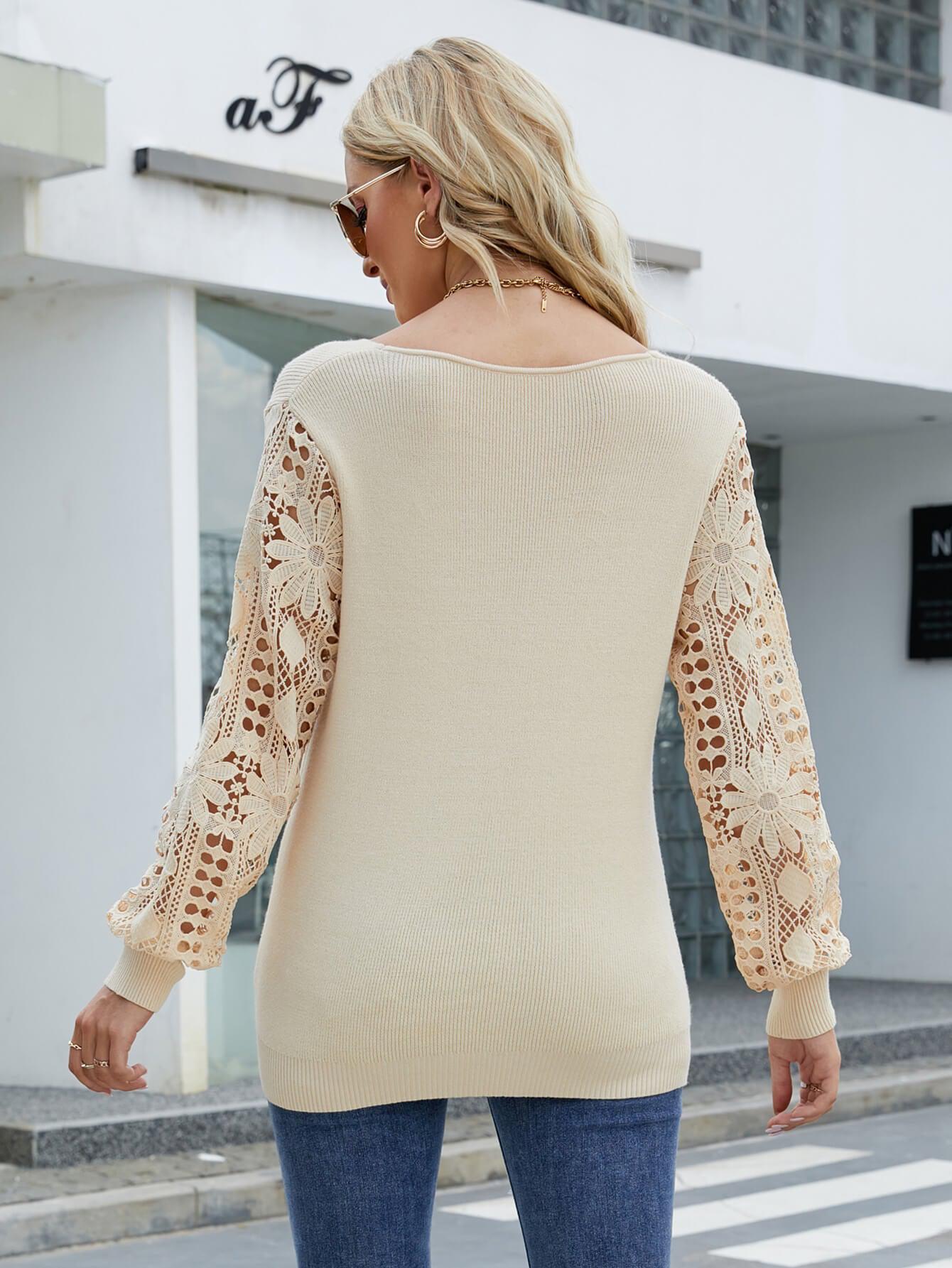 Lace Sleeve Ribbed Trim V-Neck Sweater BLUE ZONE PLANET