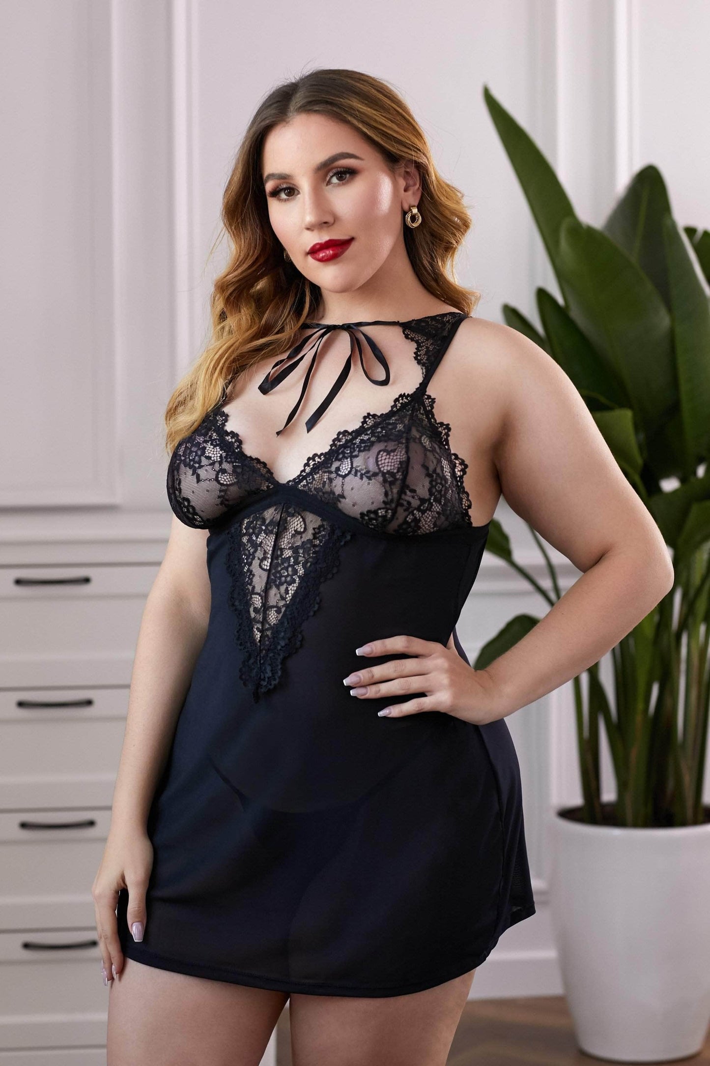 Lace Splicing Mesh Plus Size Lingerie BLUE ZONE PLANET