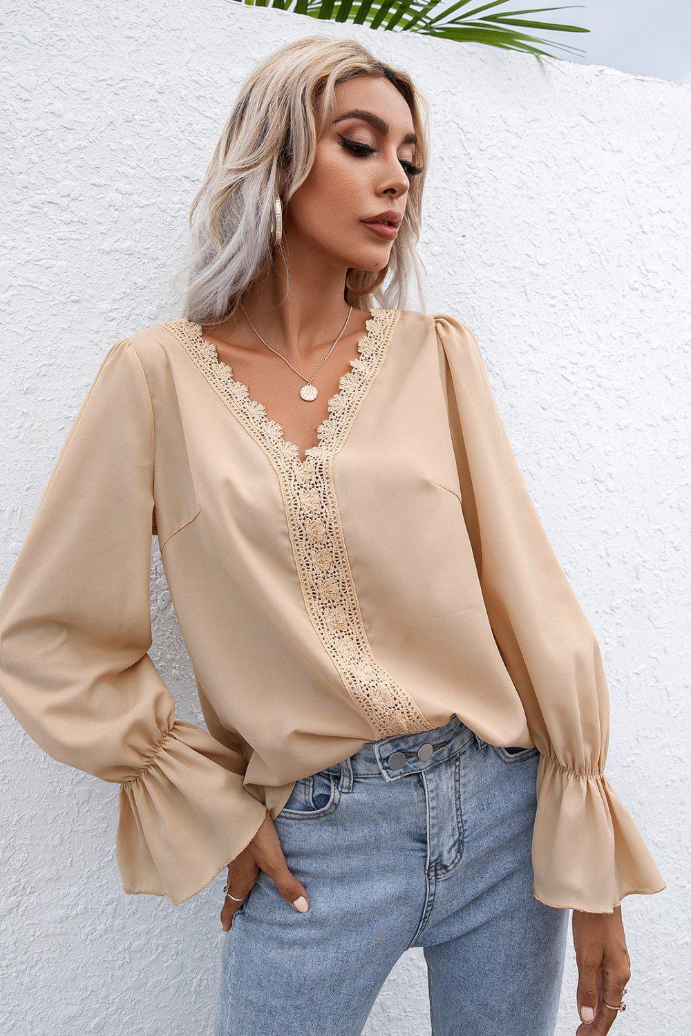 Lace Trim Flounce Sleeve Blouse BLUE ZONE PLANET