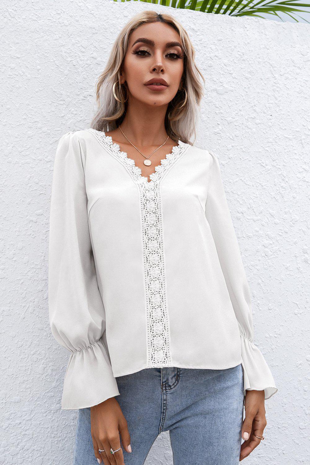 Lace Trim Flounce Sleeve Blouse BLUE ZONE PLANET