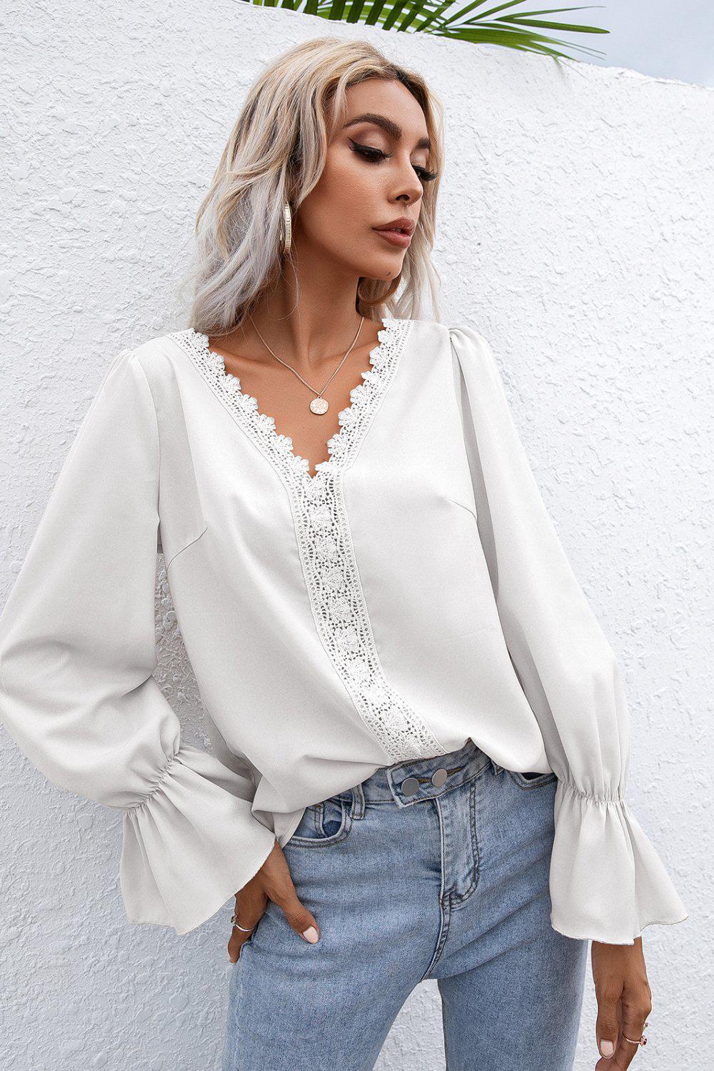 Lace Trim Flounce Sleeve Blouse BLUE ZONE PLANET