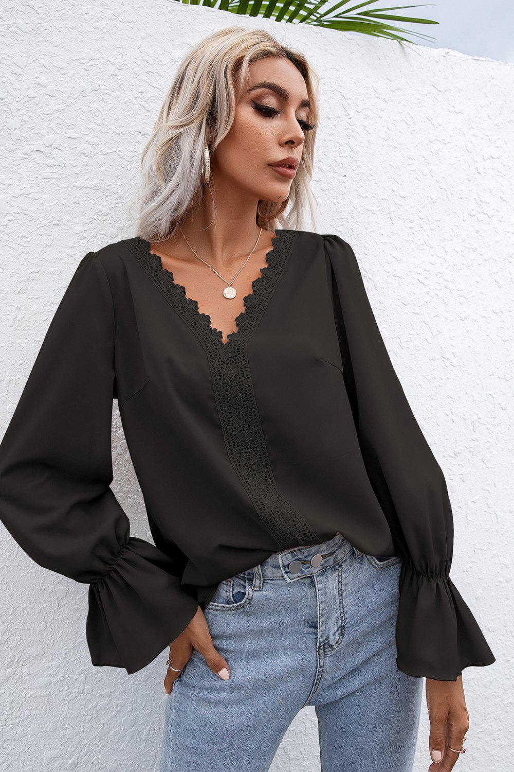 Lace Trim Flounce Sleeve Blouse BLUE ZONE PLANET