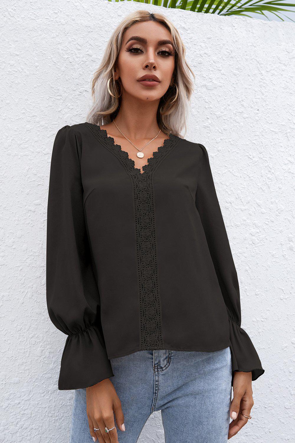 Lace Trim Flounce Sleeve Blouse BLUE ZONE PLANET