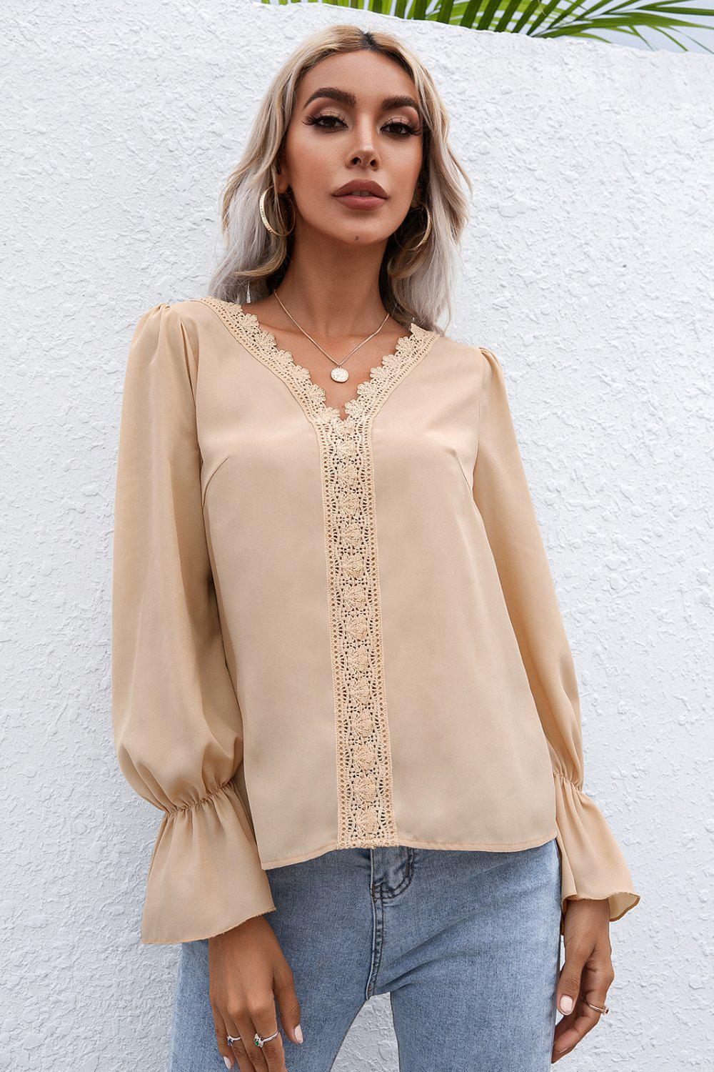Lace Trim Flounce Sleeve Blouse BLUE ZONE PLANET