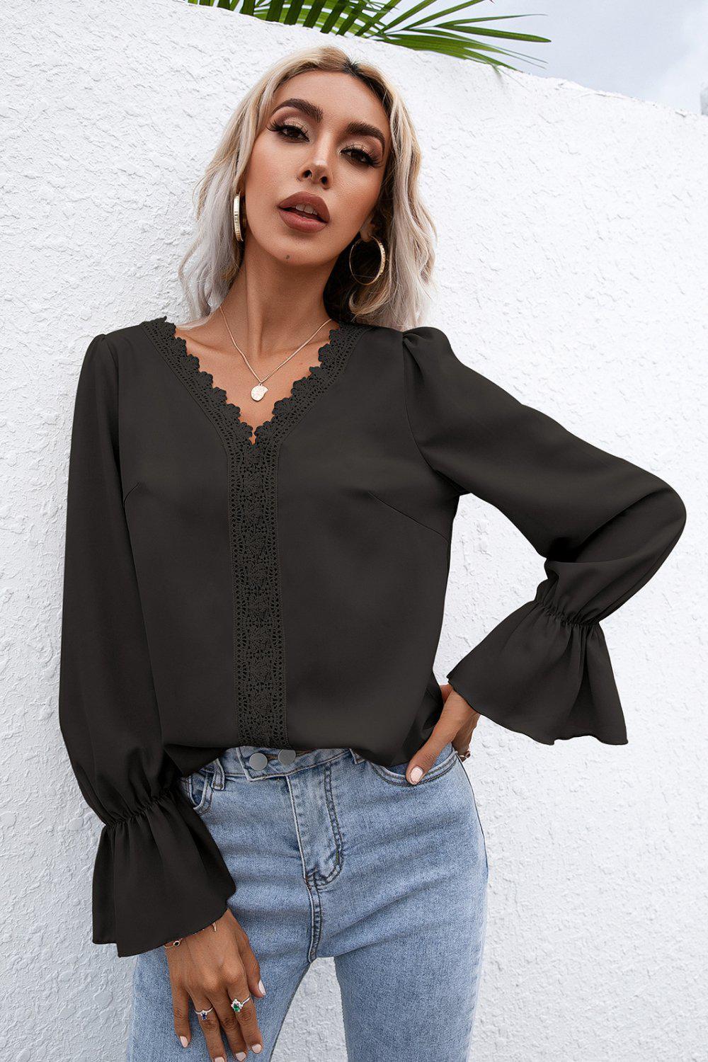 Lace Trim Flounce Sleeve Blouse BLUE ZONE PLANET