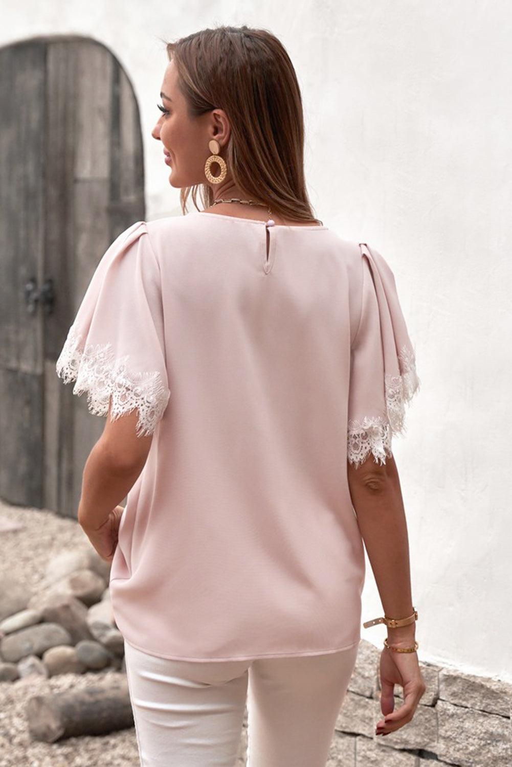 Lace Trim Flutter Sleeve Blouse BLUE ZONE PLANET