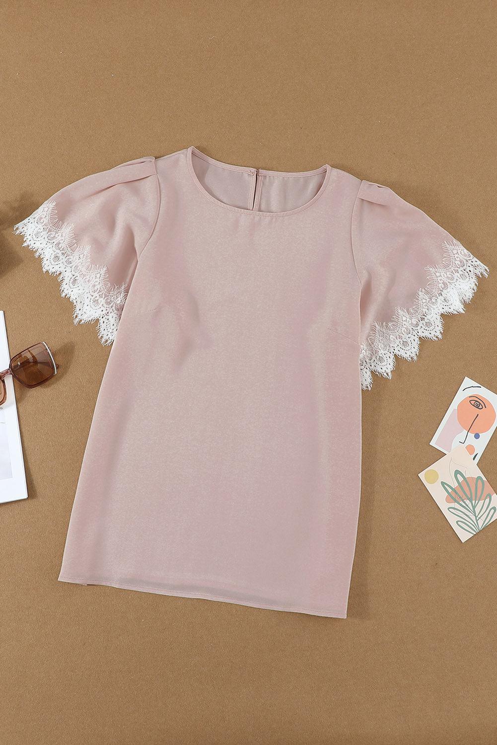 Lace Trim Flutter Sleeve Blouse BLUE ZONE PLANET