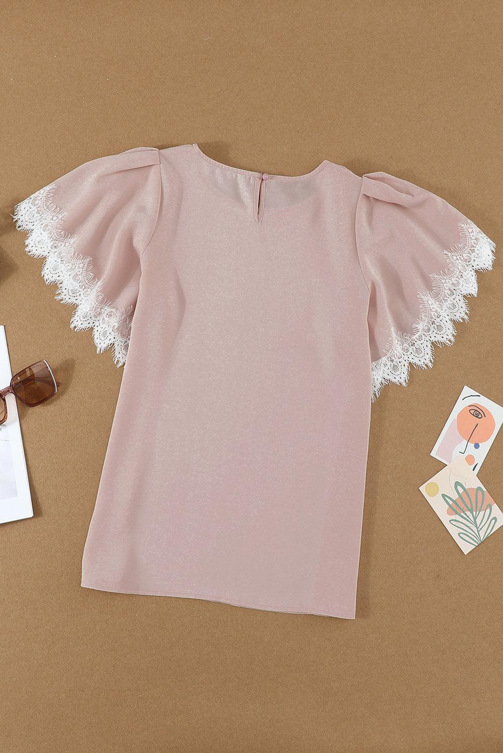 Lace Trim Flutter Sleeve Blouse BLUE ZONE PLANET