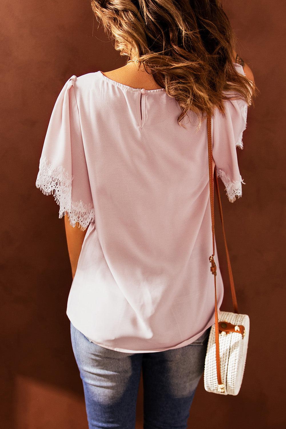 Lace Trim Flutter Sleeve Blouse BLUE ZONE PLANET