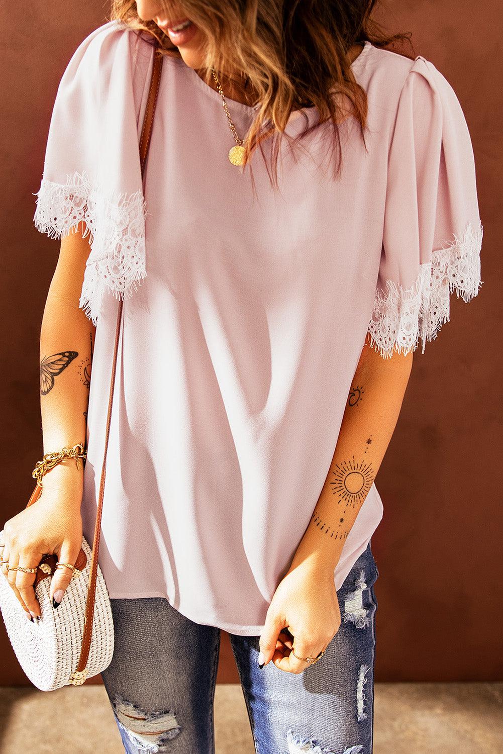 Lace Trim Flutter Sleeve Blouse BLUE ZONE PLANET