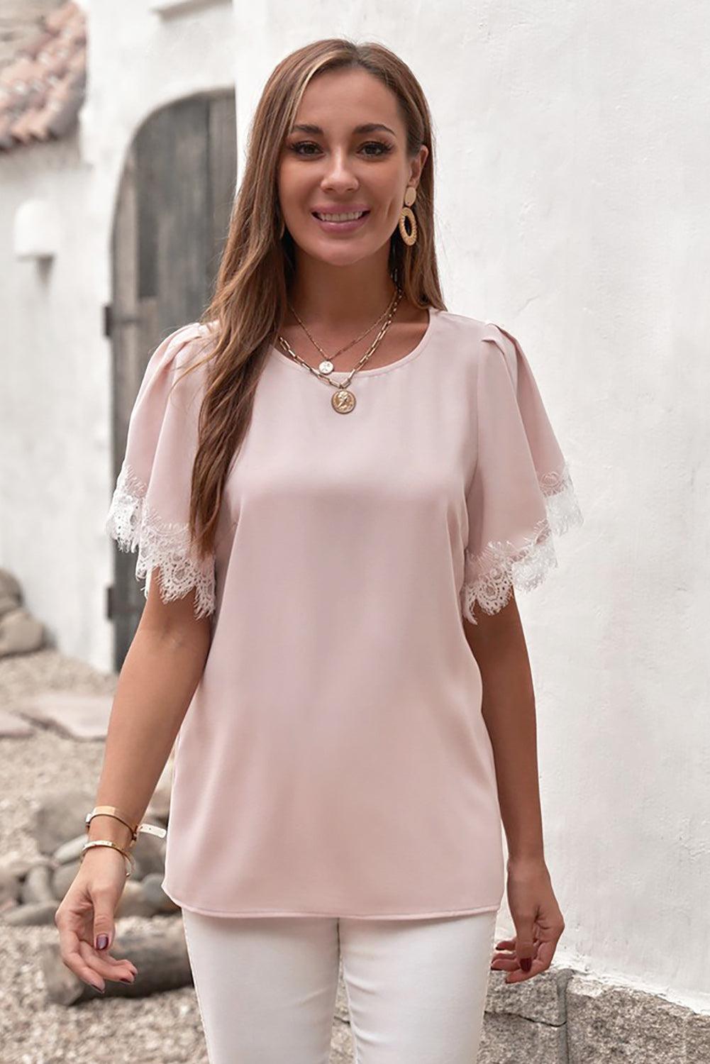 Lace Trim Flutter Sleeve Blouse BLUE ZONE PLANET