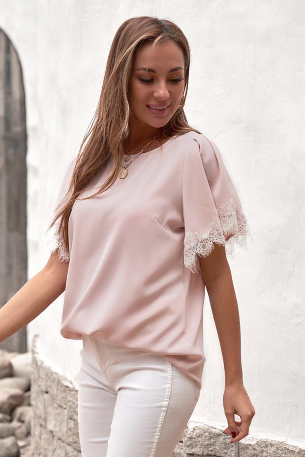 Lace Trim Flutter Sleeve Blouse BLUE ZONE PLANET
