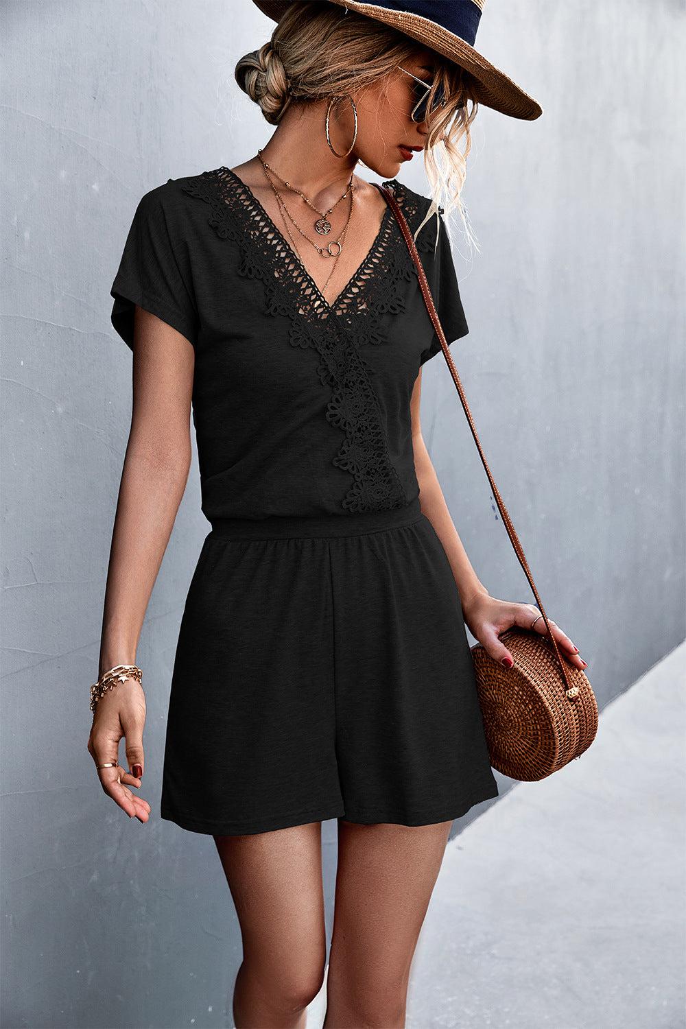 Lace Trim V-Neck Romper BLUE ZONE PLANET