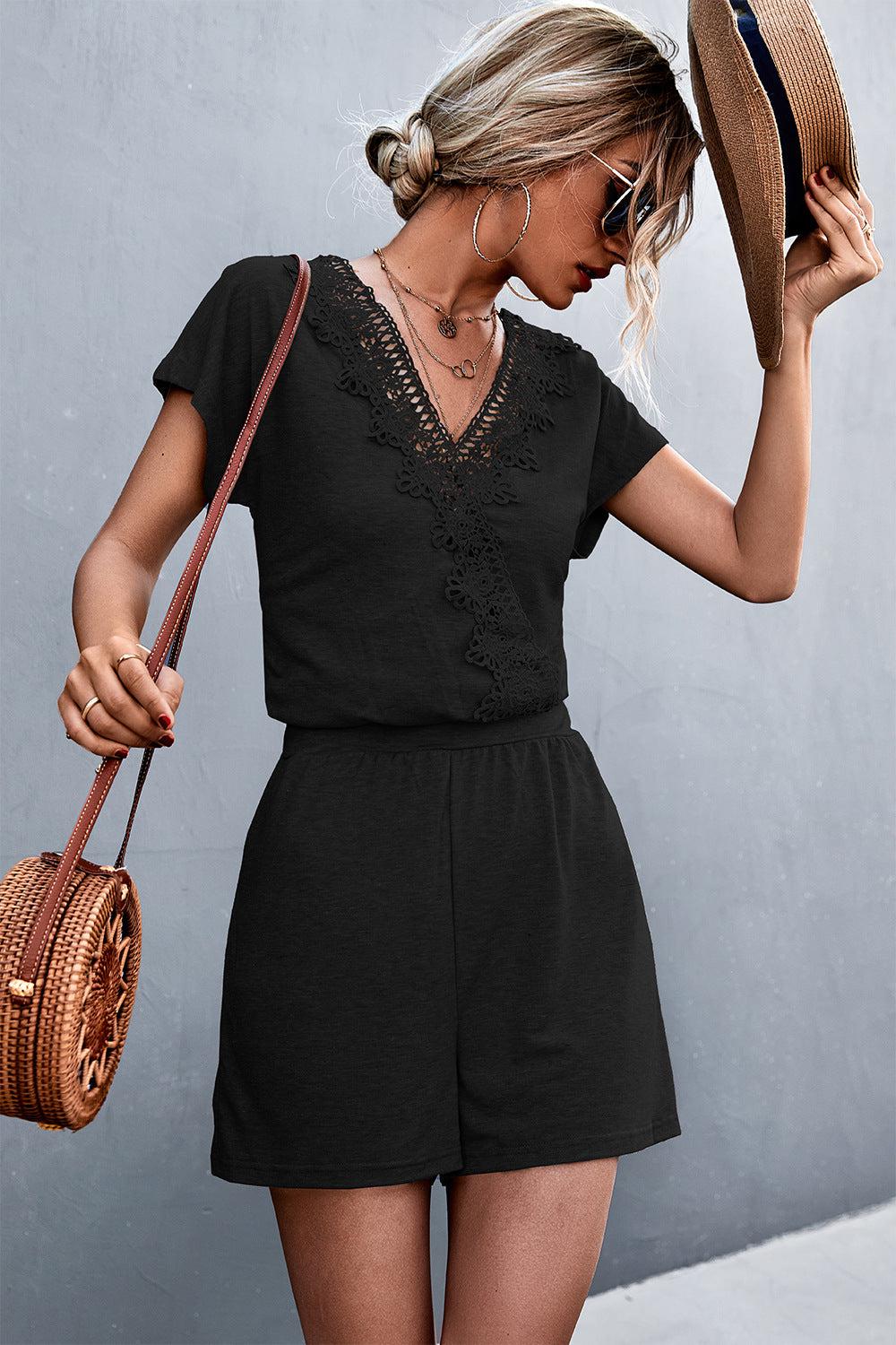 Lace Trim V-Neck Romper BLUE ZONE PLANET
