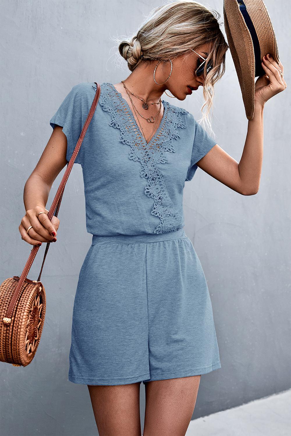 Lace Trim V-Neck Romper BLUE ZONE PLANET