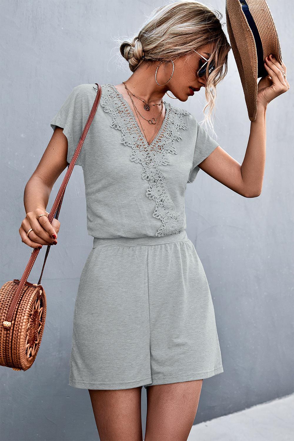 Lace Trim V-Neck Romper BLUE ZONE PLANET