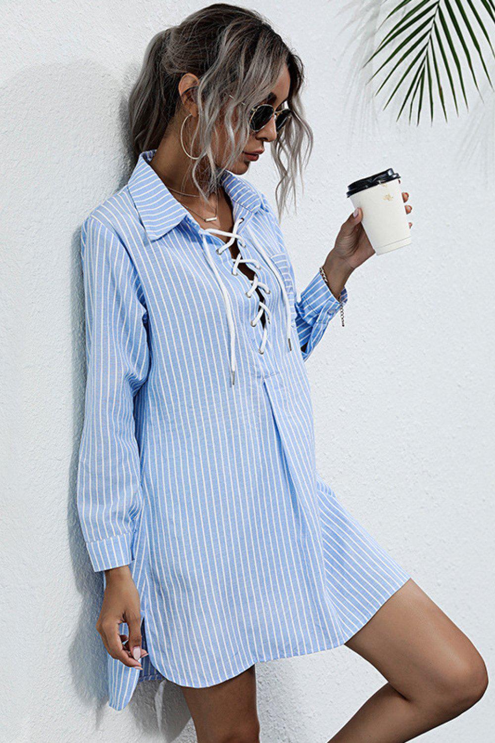 Lace Up Collar Shirt Dress BLUE ZONE PLANET